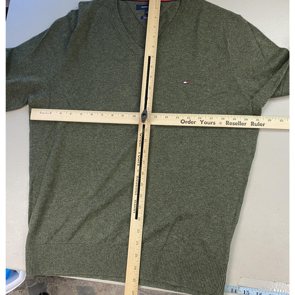 Tommy Hilfiger Cotton Cashmere Sweater Mens Large Forest Green V Neck Pullover - Picture 5 of 8